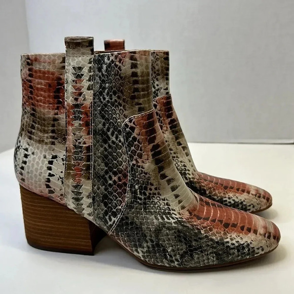 Korks Leland Ankle Boots Leather Snake Print Bootie Heeled Brown Tan Size 8.5 - Picture 1 of 11